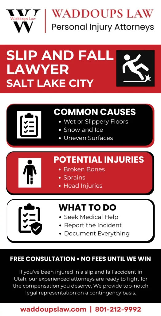 This infographic shows that slip and fall causes, potential injuries, and steps to take, with free consultation details